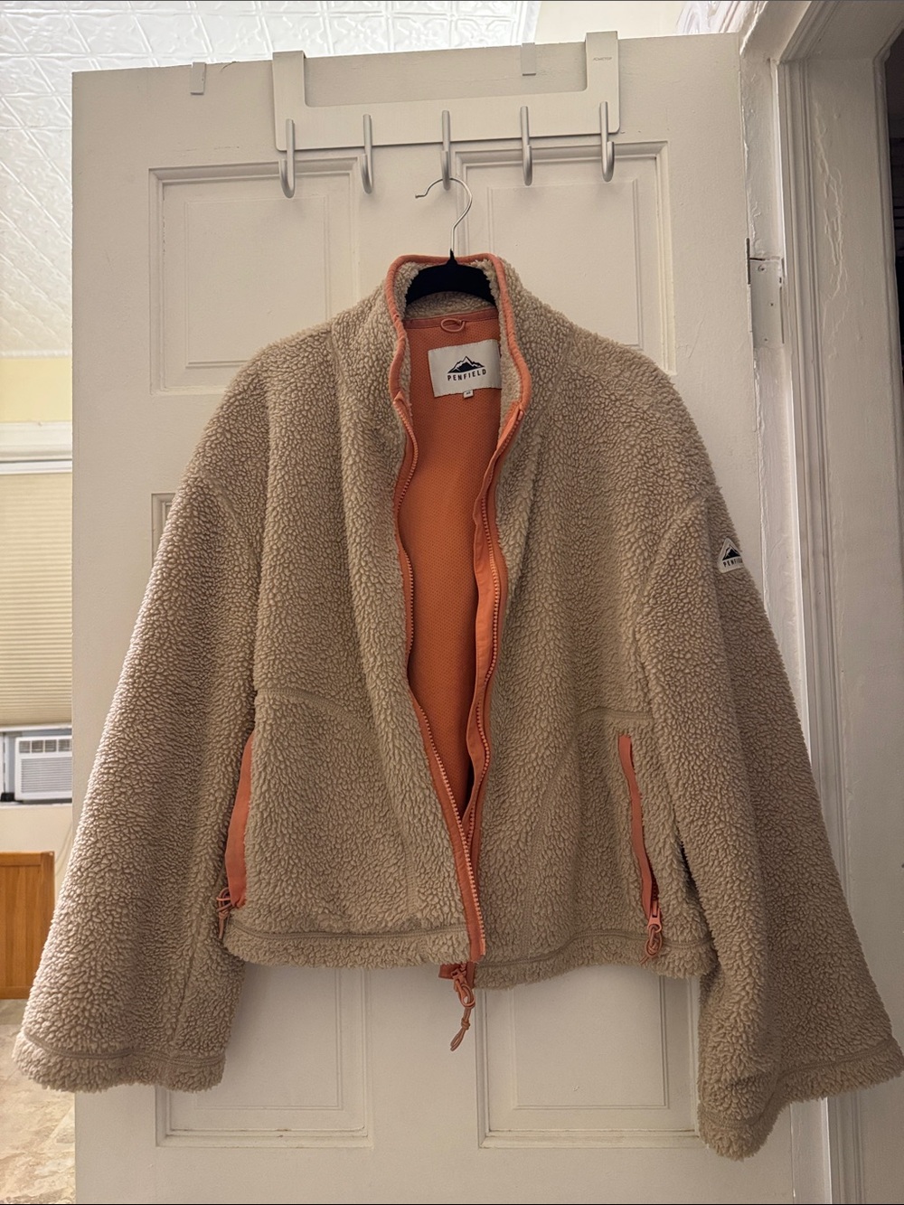 Penfield x Madewell Beige Sherpa Jacket with Coral Orange Trim